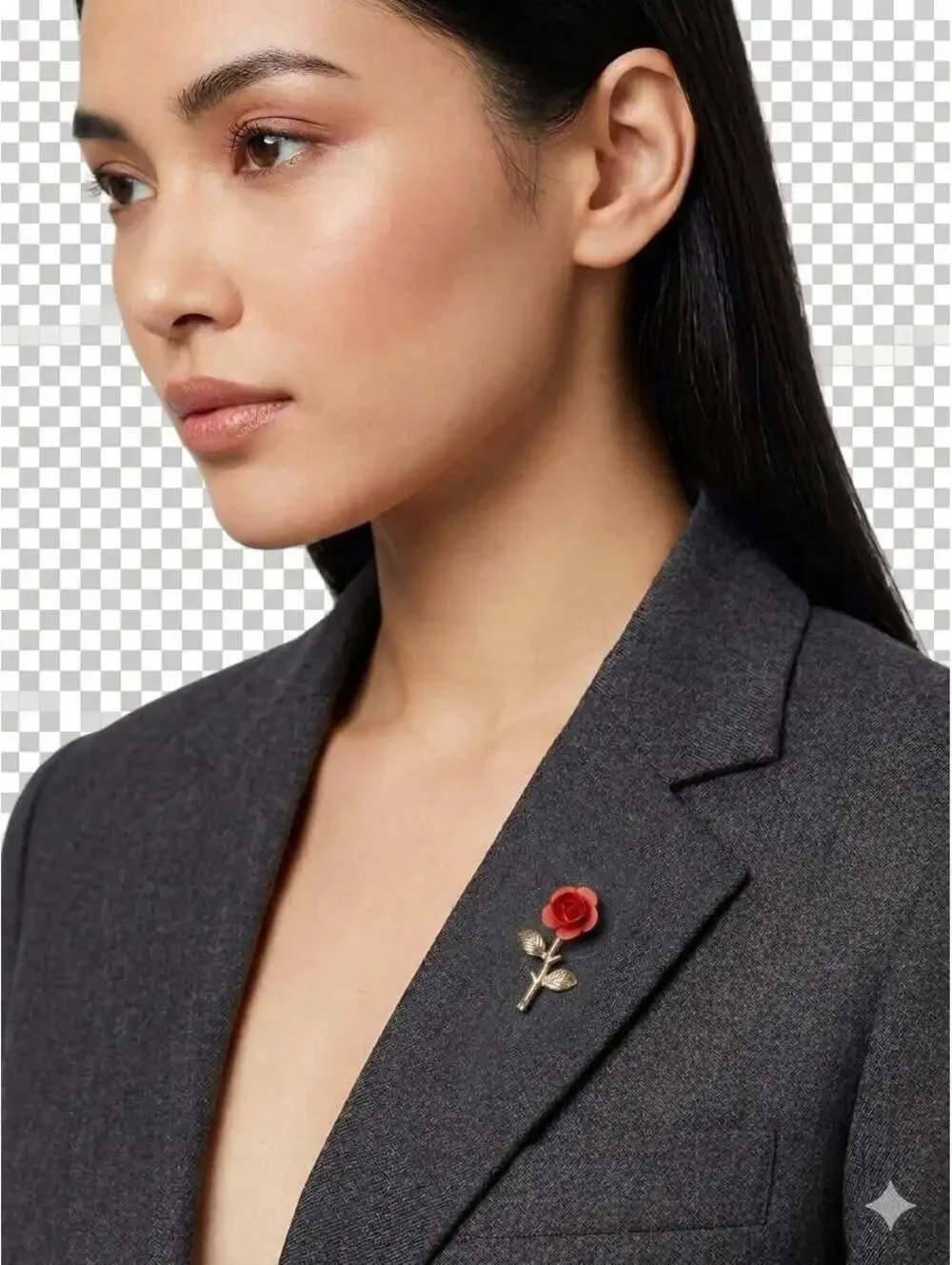 Red Rose Enamel Brooch, Vintage Gold Stem Flower Lapel Pin Jewelry Gift for Her
